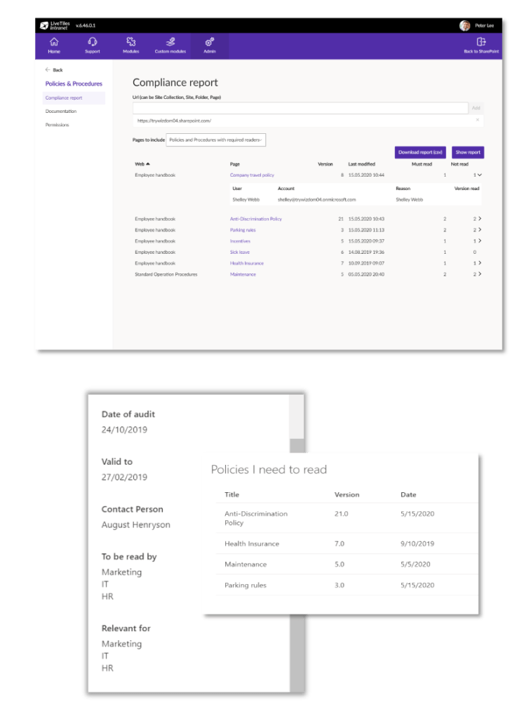 Intranet content and governance screensot