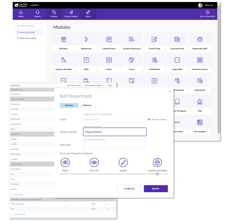 Microsoft O365 Intranet administration from LiveTiles screenshot