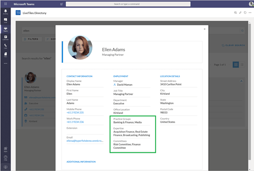 Microsoft Teams employee profile with customizable attritbutes