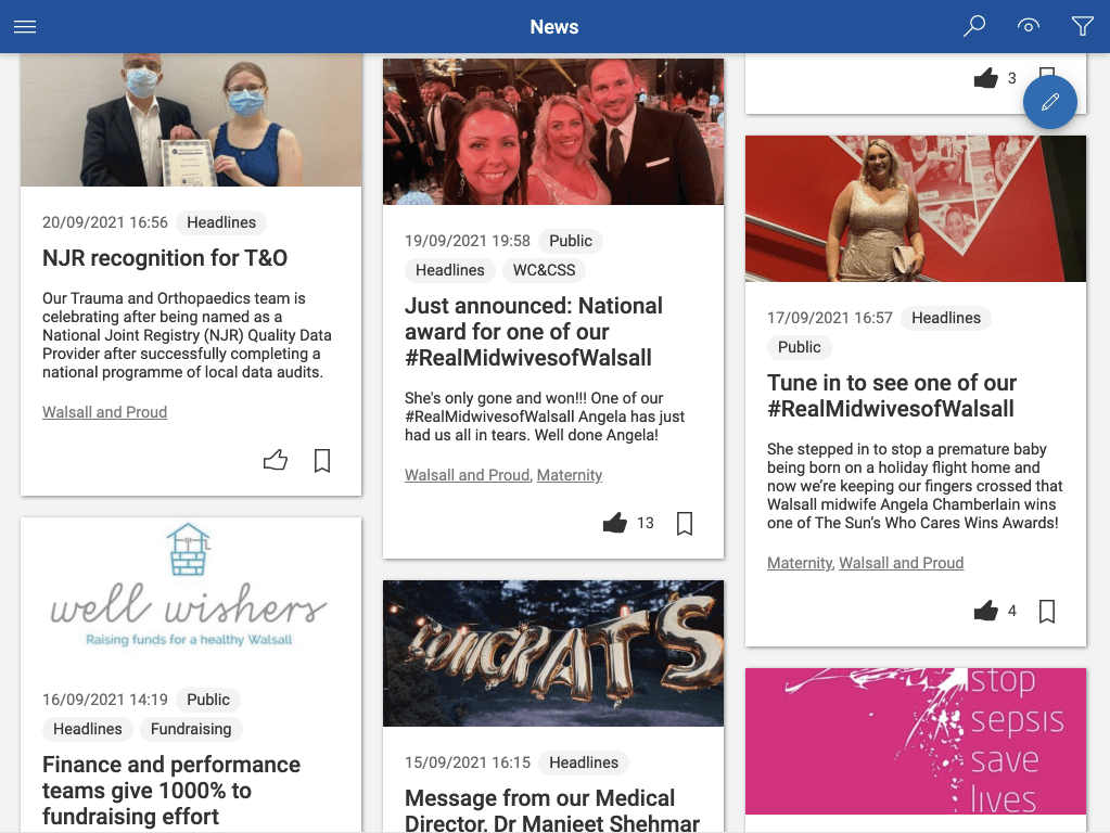 Walsall Health NHS Trust intranet Reach News stream on a tablet